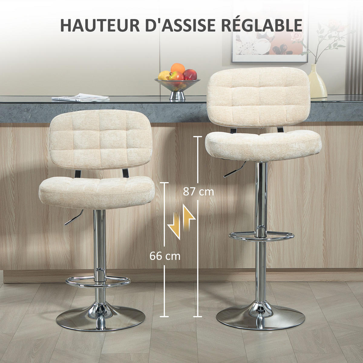 BARHOCKER 2er-Set DE-14756 höhenverstellbar mit Boucle-Stoff & Fußstütze Beige - Beige, Metall (45/115/51cm) - ComfortXL