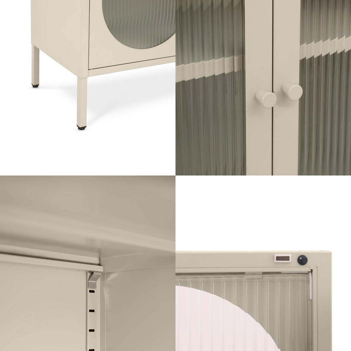 BÜCHERREGAL Metall industriell MILIE, 180 cm hoch, 2 Türen, 4 Nischen, beige und geriffeltes Glas - Beige, Metall (80/180/35cm) - Sicaan