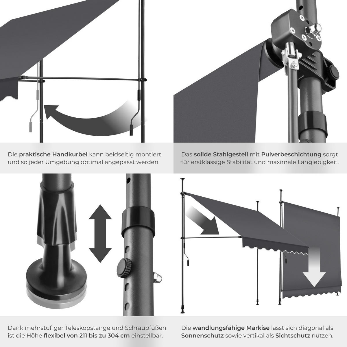 KLEMMMARKISE ,einfache Montage,schwarz/grau - Schwarz/Grau, Kunststoff (200/304/180cm) - tectake