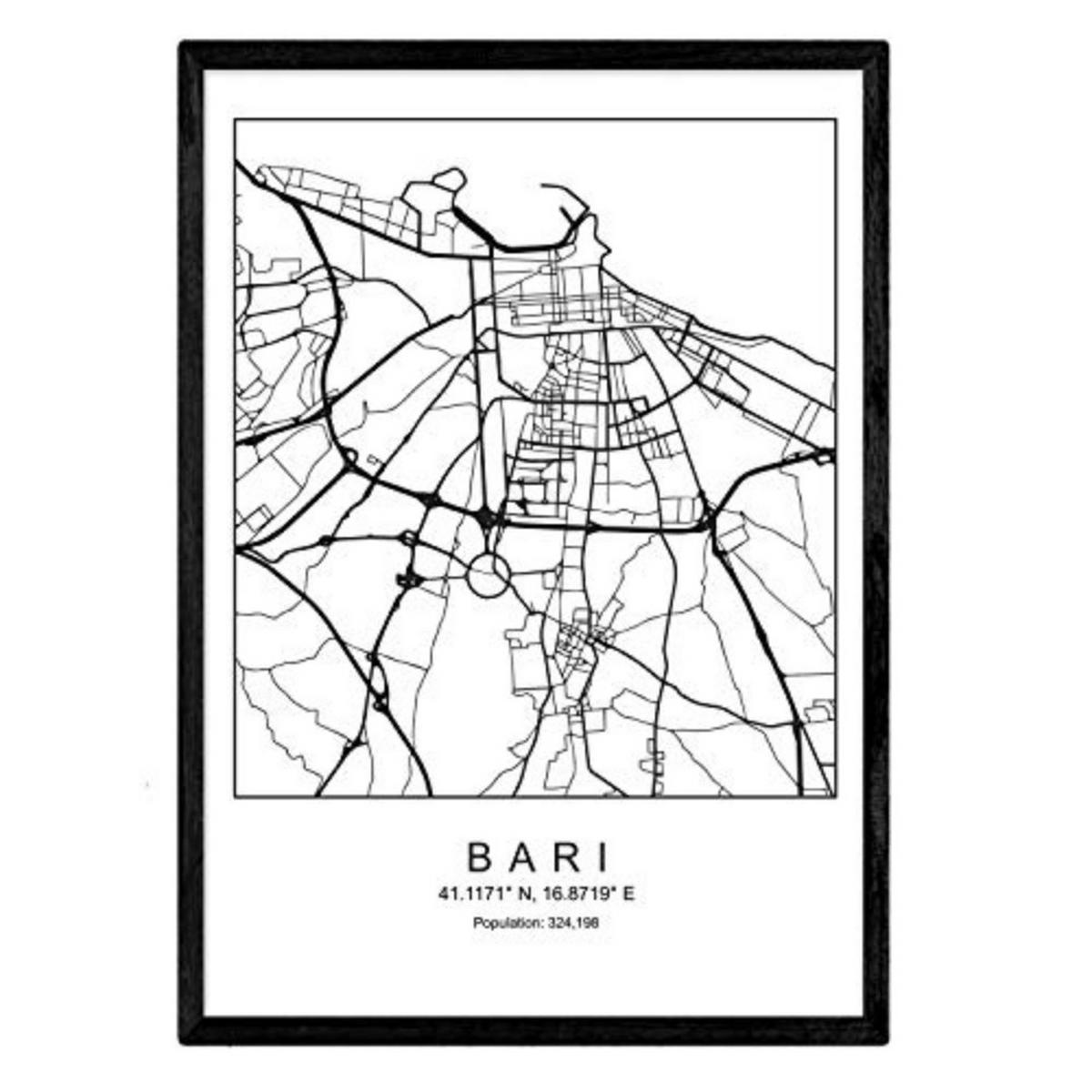 POSTER Bari Stadtkarte – Nordisch A4 Schwarzer Rahmen - Schwarz, Papier (29.7/5/21cm) - Nacnic