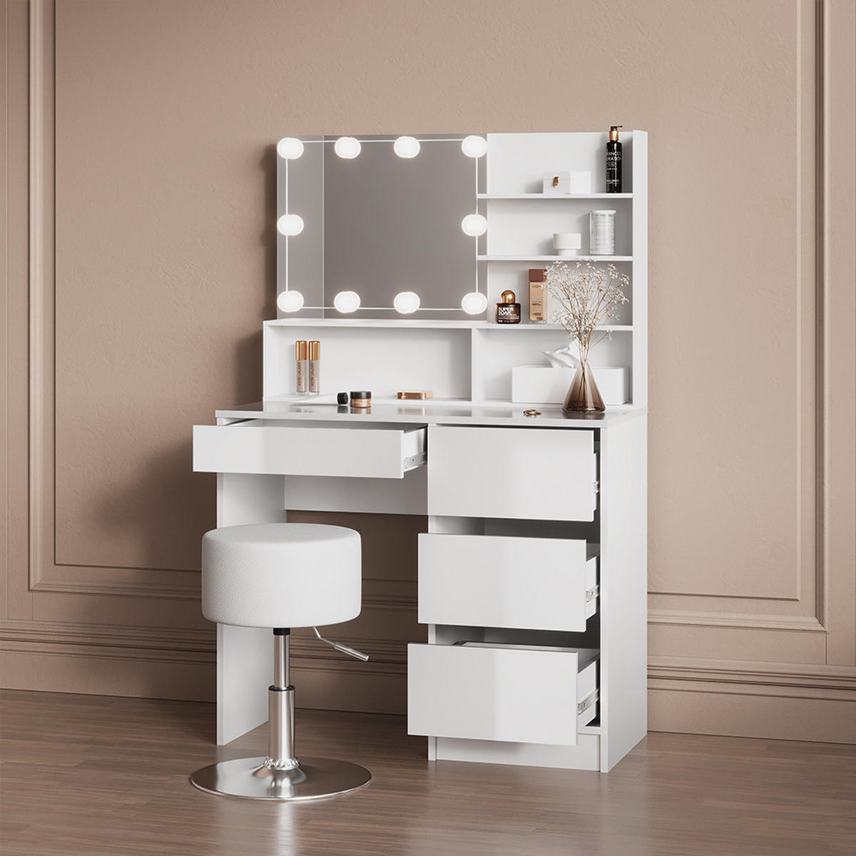 SCHMINKTISCH Imola Weiß 140 cm mit Hocker - Weiß, Holzwerkstoff (140/75/40cm) - Livinity®