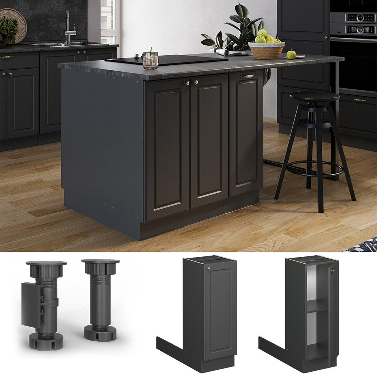 KUCHYŇSKÝ OSTROV Fame-Line Anthrazit-Gold Landhaus - antracitová, kompozitní dřevo (30/82/70cm) - Vicco