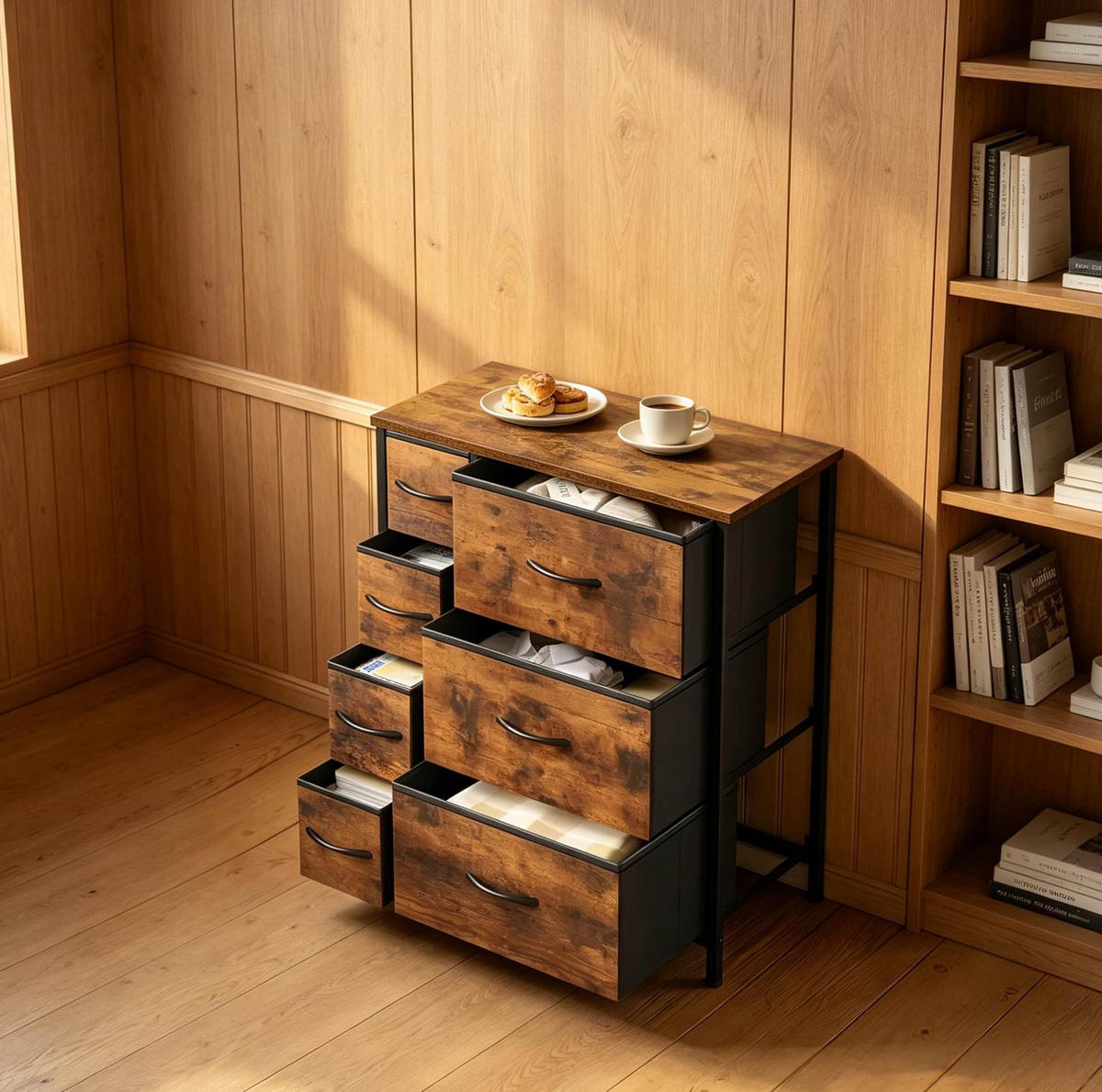 KOMMODE in Rustikalbraun und Schwarz 63,5x30x73 cm mit 7 Stoffschubladen - Braun, Holz (30/73/63.5cm) - IVMEU