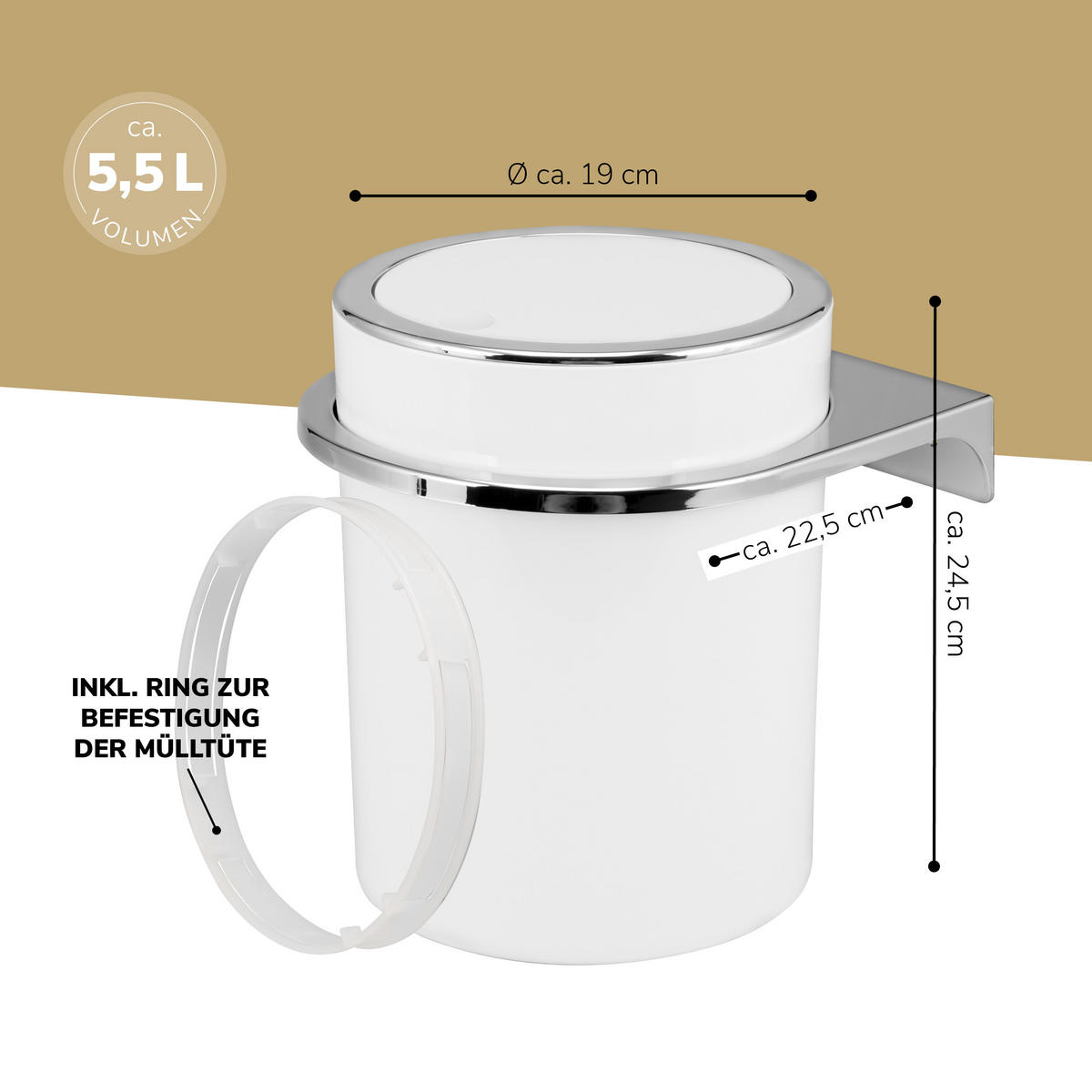 KOSMETIKEIMER SAVONA 5,5 Liter, weiß - Weiß, Kunststoff (19/24.5/19cm) - bremermann