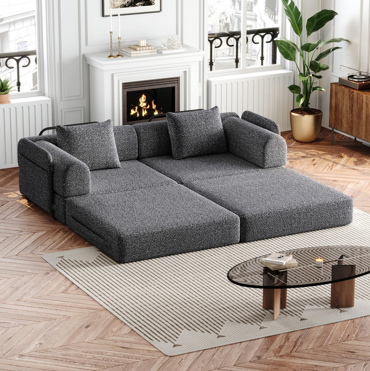 ROZKLÁDACÍ křeslo z žinylky 181x94x49 cm šedé 2 v 1 s úložným prostorem v područce a ocelovou konstrukcí - šedá, textil (94/49.5/181.6cm) - Modfu