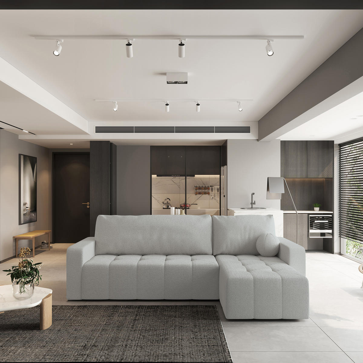 ECKSOFA VOLIRA Hellgrau Boucle-Stoff mit Schlaffunktion - Hellgrau, Holz (230/143cm) - MASSENO