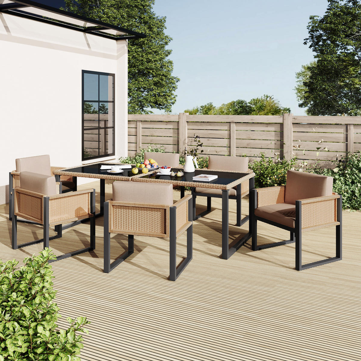 ESSGRUPPE 6-PERSONEN mit Sesseln und waschbaren Bezügen - Braun, Textil - BLACKCUP