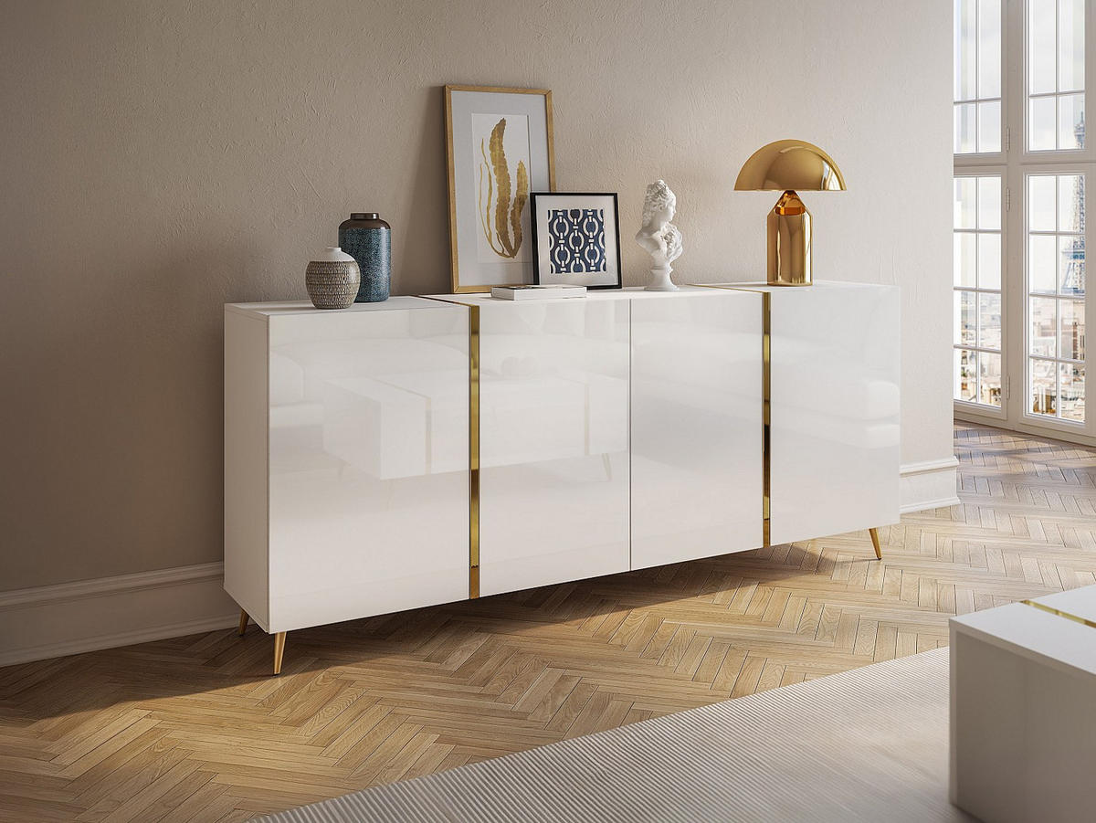 SIDEBOARD mit 4 Türen - 200 cm - Hochglanz Weiß & Gold - MARZIALO - Weiß, Holz (199.3/87.2/41cm) - Vente-Unique