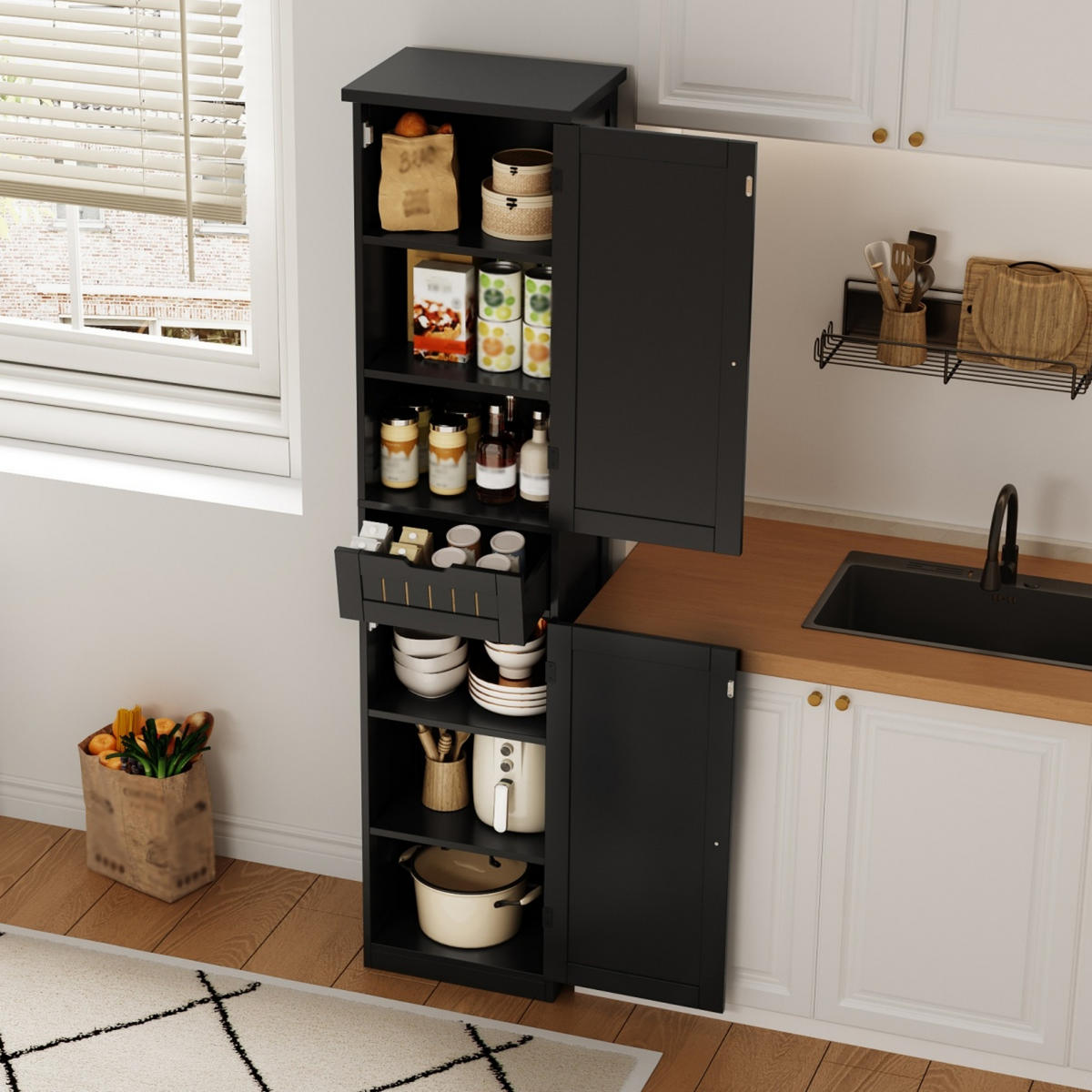 GESCHIRRSCHRANK 170 cm MDF Schwarz mit 2 Türen und verstellbaren Böden - Schwarz, Holzwerkstoff (30/170/40cm) - Korfee