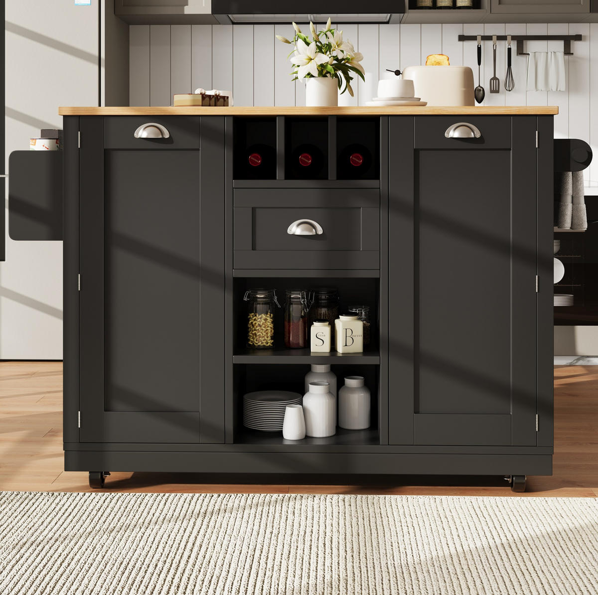 KUCHYŇSKÝ ostrůvek 140/70/93,5 cm černý z MDF s výklopnou deskou, koly a držákem na ručníky - černá, kompozitní dřevo (140/93.5/40cm) - OKWISH