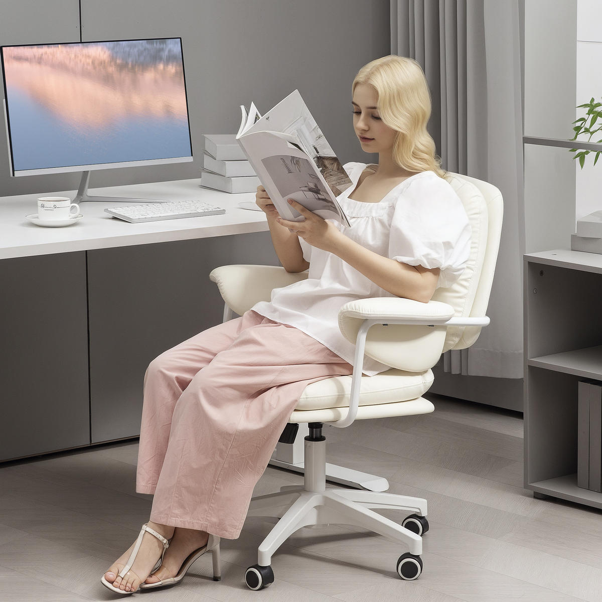 BÜROSTUHL mit Kippfunktion, gepolstert Schreibtischstuhl höhenverstellbar Weiß - Weiß, Holzwerkstoff/Kunststoff (64/98/65cm) - HOMCOM