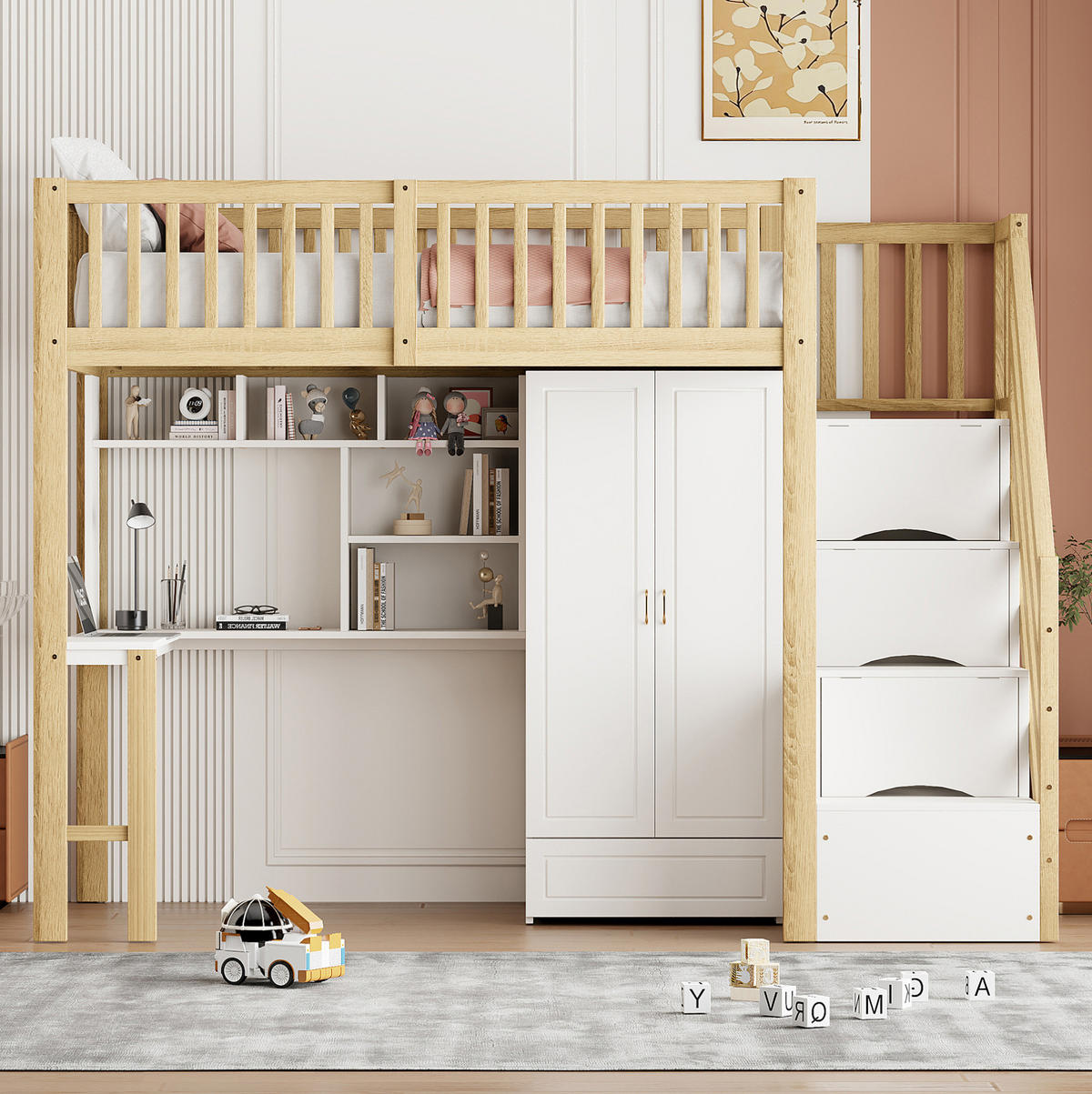 HOCHBETT 90/200 cm aus Massivholz mit Kleiderschrank, Schreibtisch und Treppe mit Schubladen Weiß/Natur - Naturfarben, Holz (90/200cm) - Modenvie