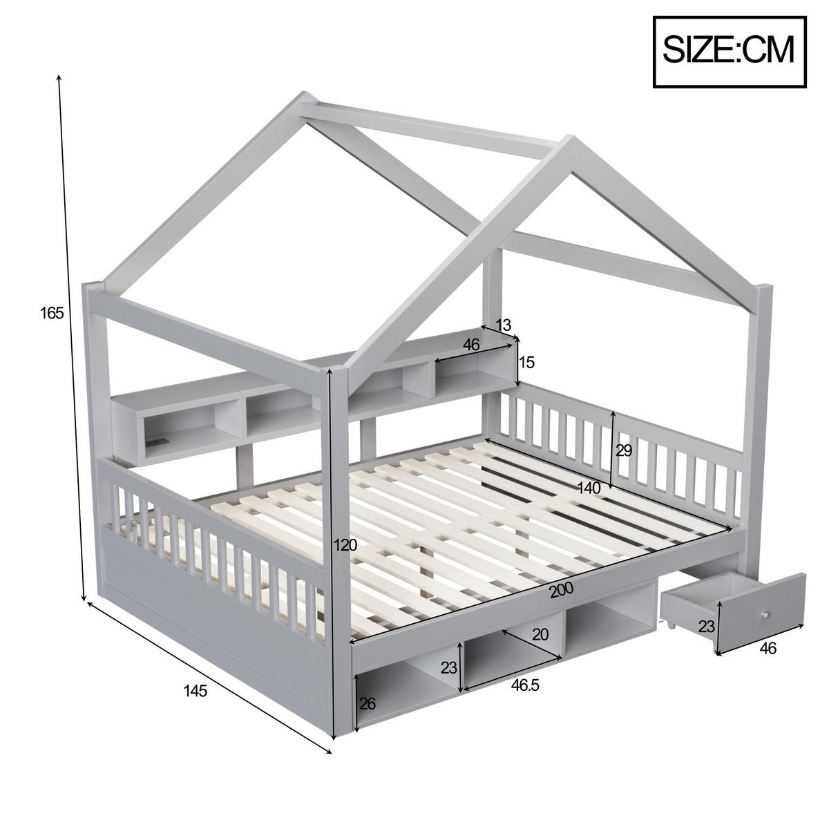 HAUSBETT 140/200 cm mit Dachrahmen und LED, DE-41651, in Grau - Grau, Holzwerkstoff (140/200cm) - ComfortXL