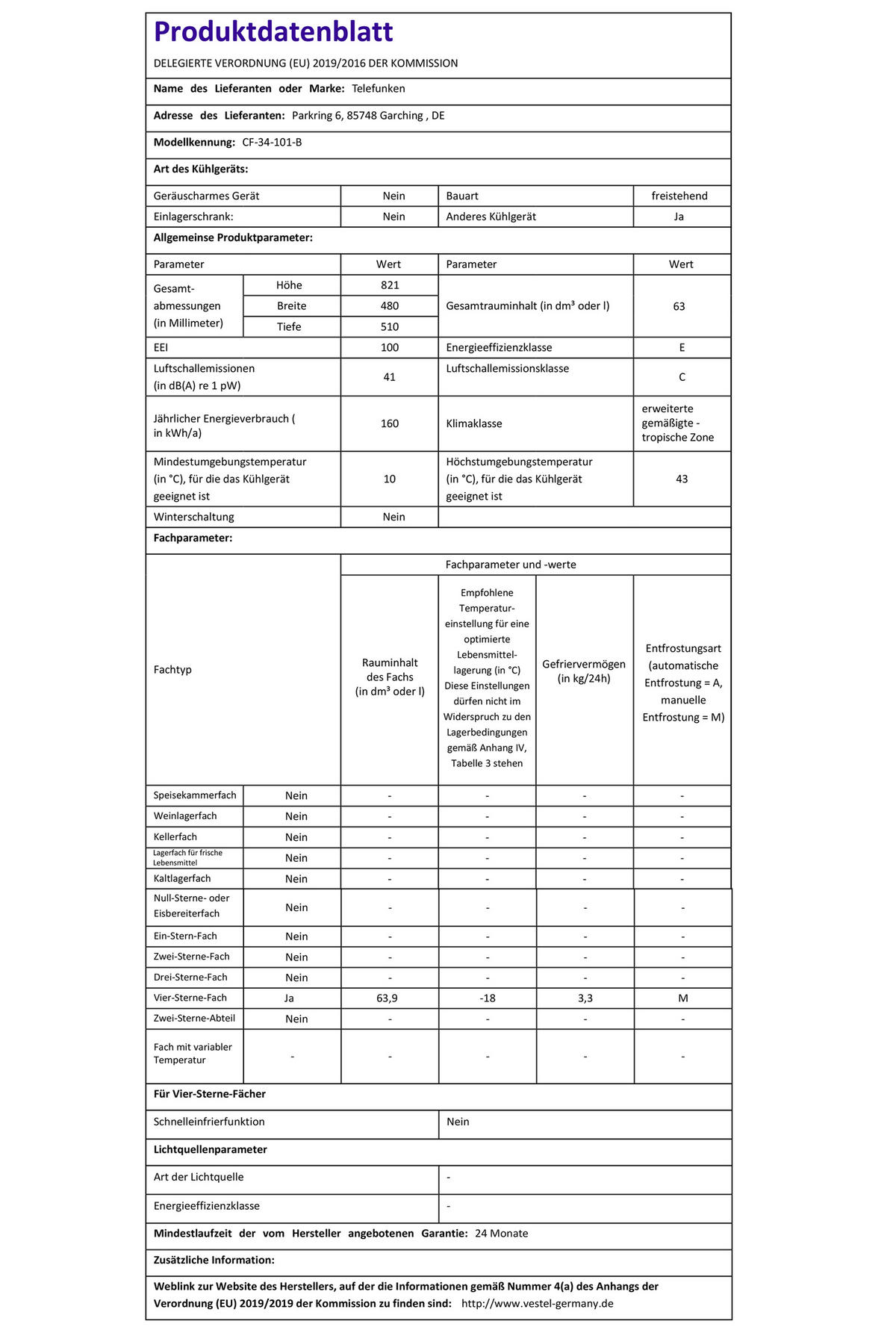 GEFRIERSCHRANK, 63 Liter Nutzinhalt, 4-Sterne, klein, leise & effizient, schwarz, CF-34-101-B - Schwarz, Kunststoff/Metall (48/82.1/51cm) - Telefunken