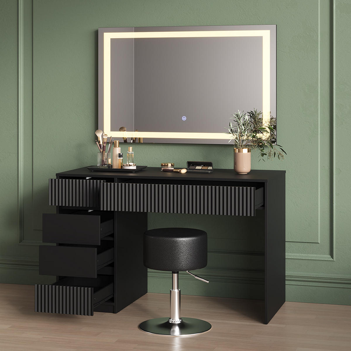 SCHMINKTISCH Allia Schwarz 120 cm mit LED-Spiegel - Schwarz, Holzwerkstoff (120/76/55cm) - Livinity®