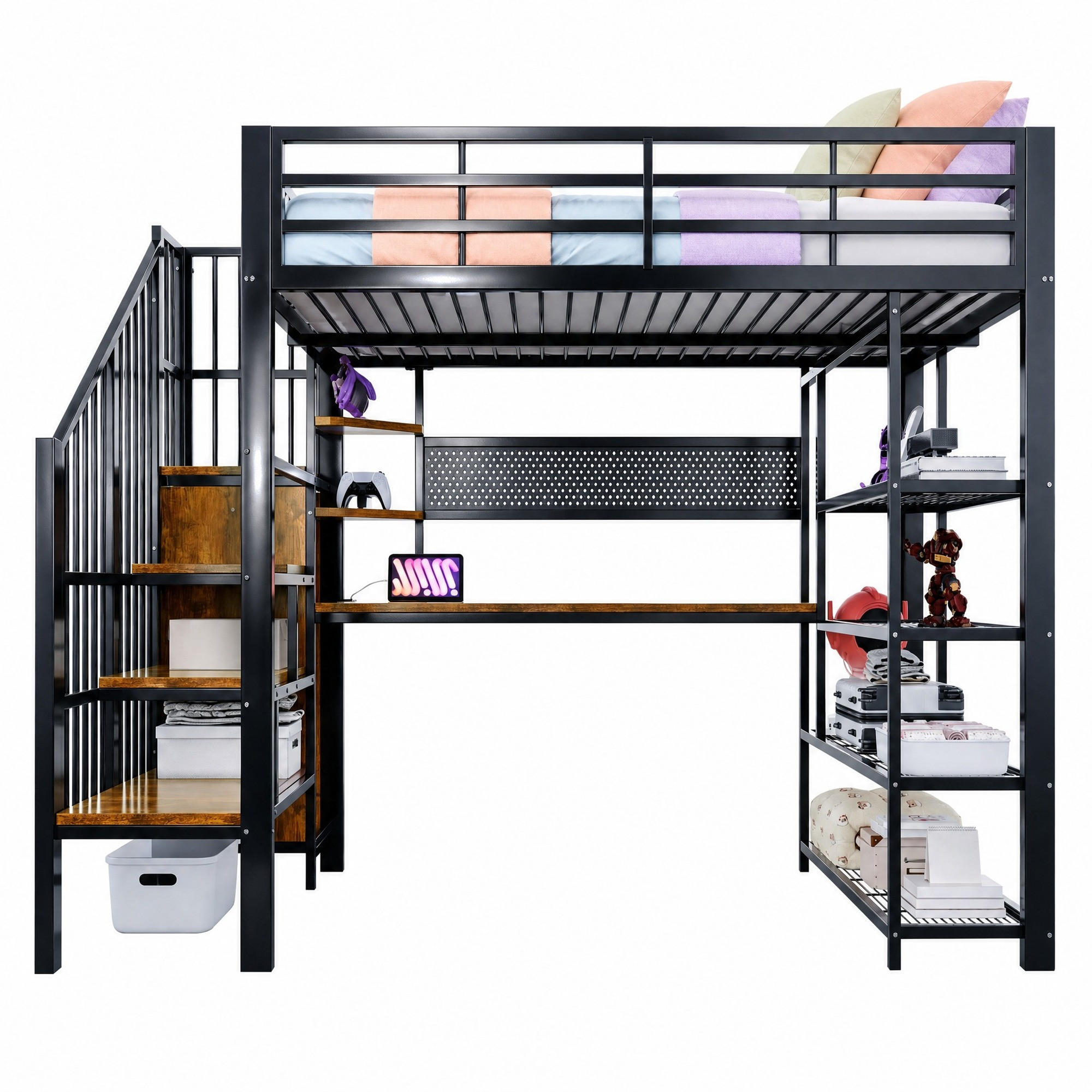 HOCHBETT 140/200 mit Schreibtisch, LED-Lichtleiste und Stauraum in Schwarz - Schwarz, Holzwerkstoff/Metall (140/200cm) - EVRYAE
