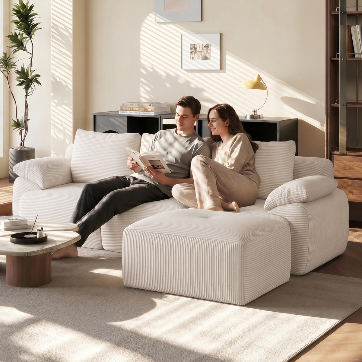 ECKSOFA,3-SITZER-SOFA, Stoffsofa L Form Cordstoff mit Hocker,Beige - Beige, Textil (264/89cm) - PARAFTA HOME