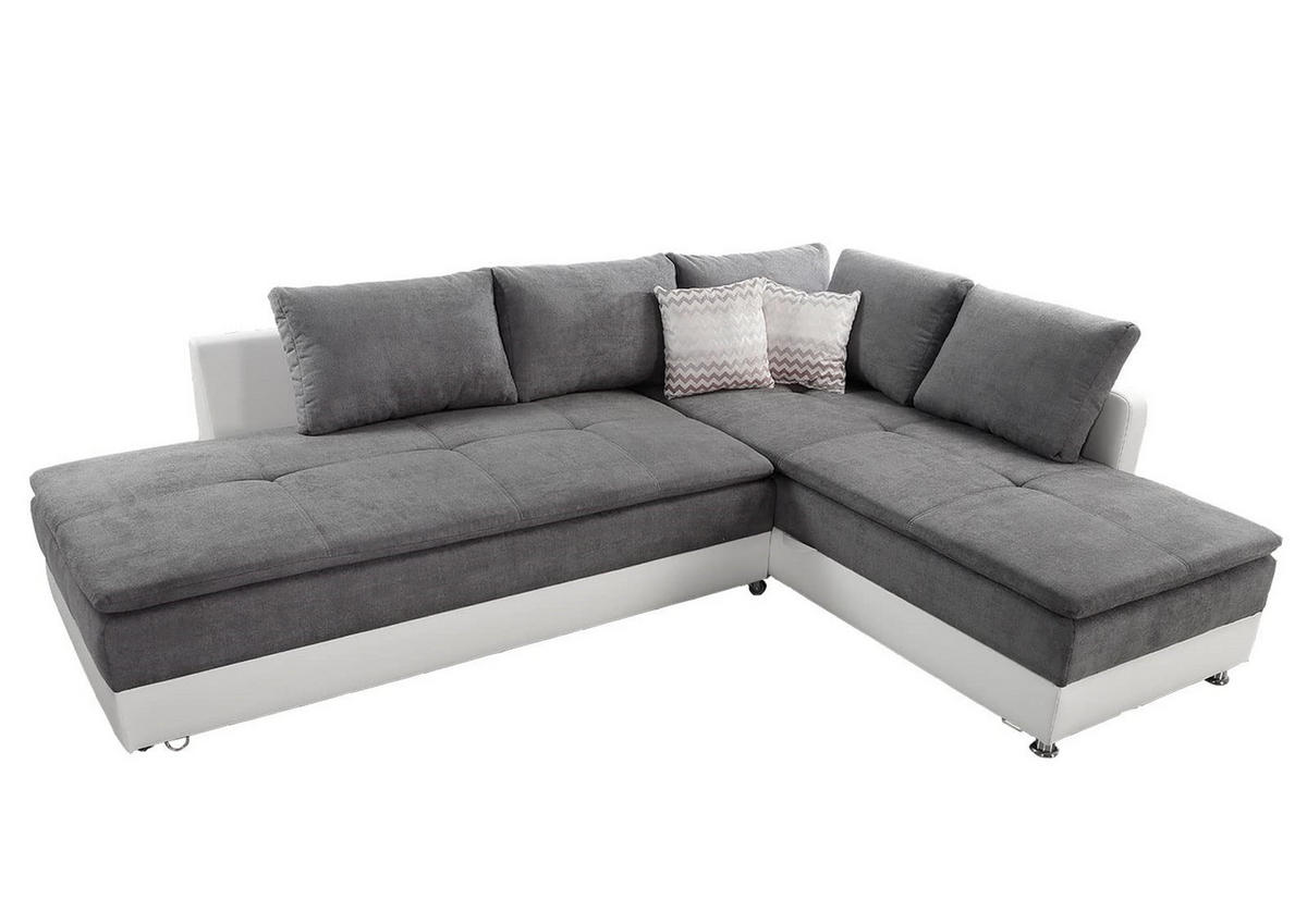 ECKSOFA-DAUERSCHLÄFER Doppelbett Boxspring Federkern Topper, Schwenkteil links B306/T223/H95 cm, Kunstleder Weiß+ Mikrofaser Hellgrau / 15103 - Chromfarben/Hellgrau, Textil/Metall (306/223cm) - luma-home