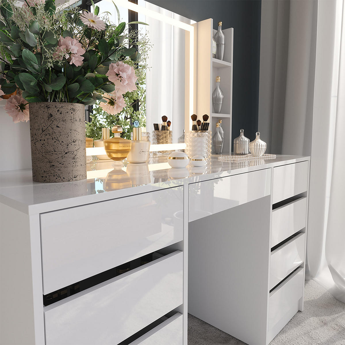 SCHMINKTISCH Sherry Weiß/Weiß Hochglanz 128.2 cm 4 Teile - Weiß Hochglanz, Holzwerkstoff (128.2/76/50.1cm) - Vicco