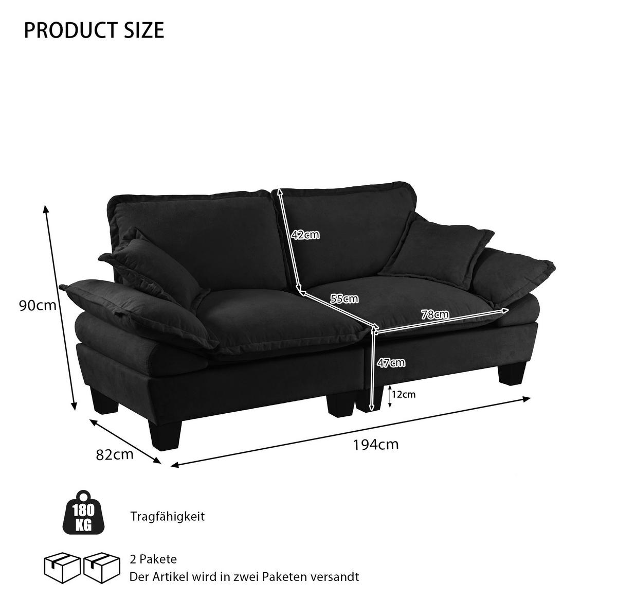 2-SITZER Sofa 194/82/90 cm mit abnehmbaren Armlehnen und Chenille-Bezug, Schwarz - Schwarz, Textil (194/90/82cm) - Redom
