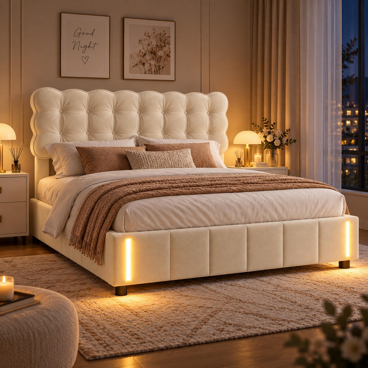 POLSTERBETT 140/200 mit LED,Beige Doppelbett,Modern Bettgestell aus Samt - Beige, Holz (140/200cm) - PARAFTA HOME