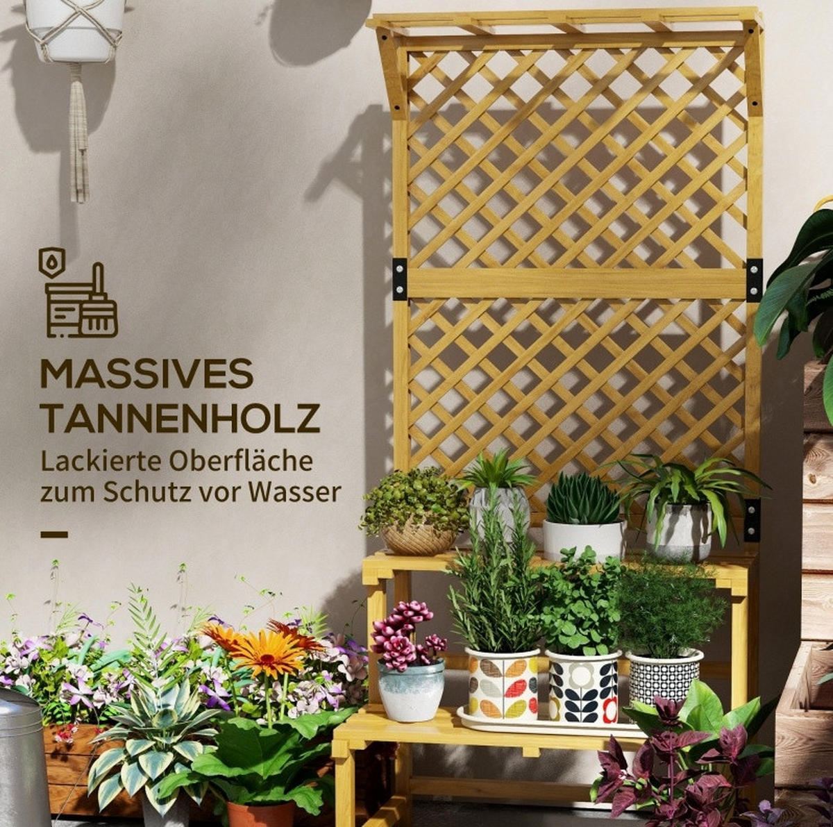 PFLANZENTREPPE Zweistufig 75x50x166cm mit Rankgitter & Hängedach - Naturfarben, Holz (50/166/75cm) - Modfu