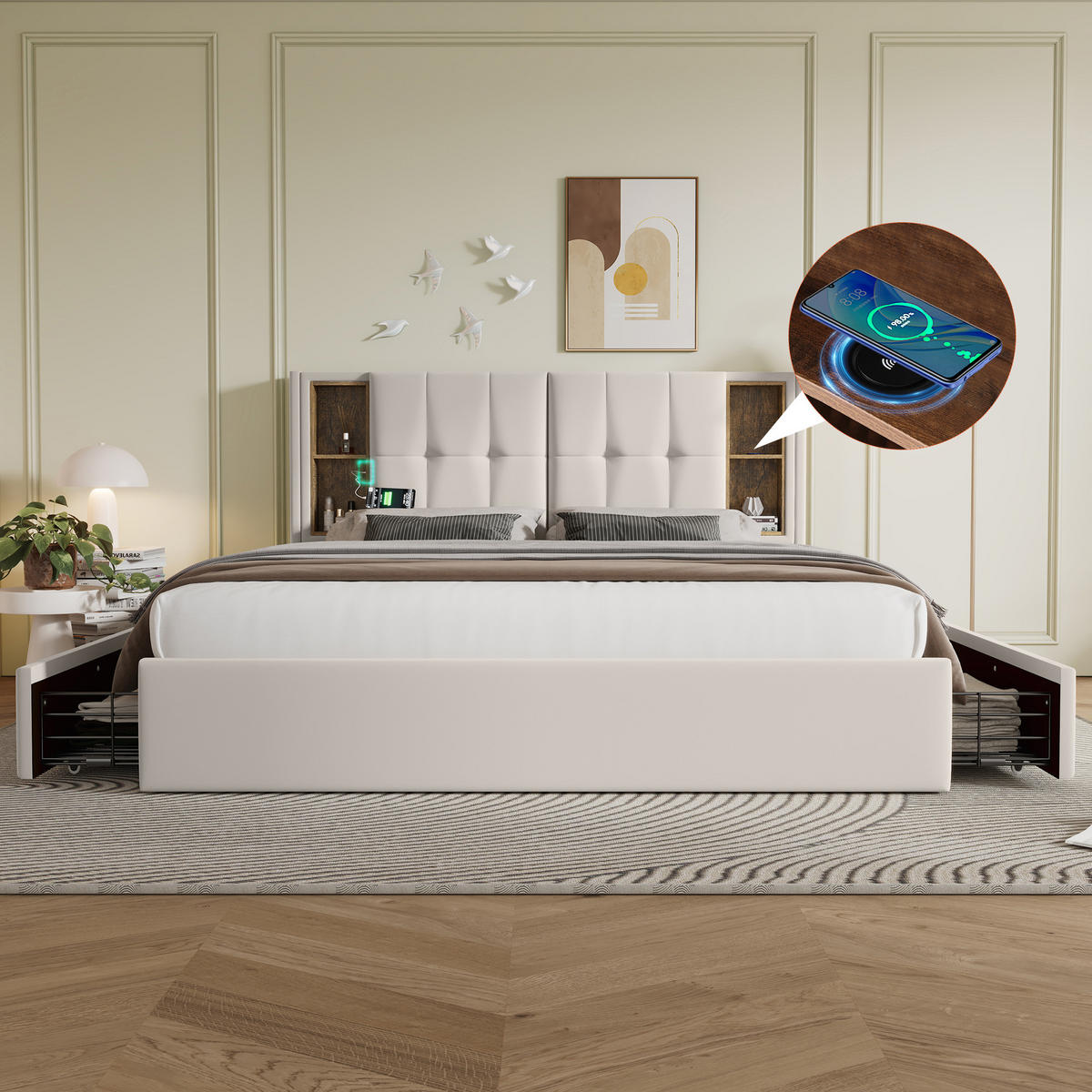 POLSTERBETT 160/200 cm mit Schubladen, kabellosem Laden & USB/Typ-C, Samt Beige - Beige, Textil (160/200cm) - Redom