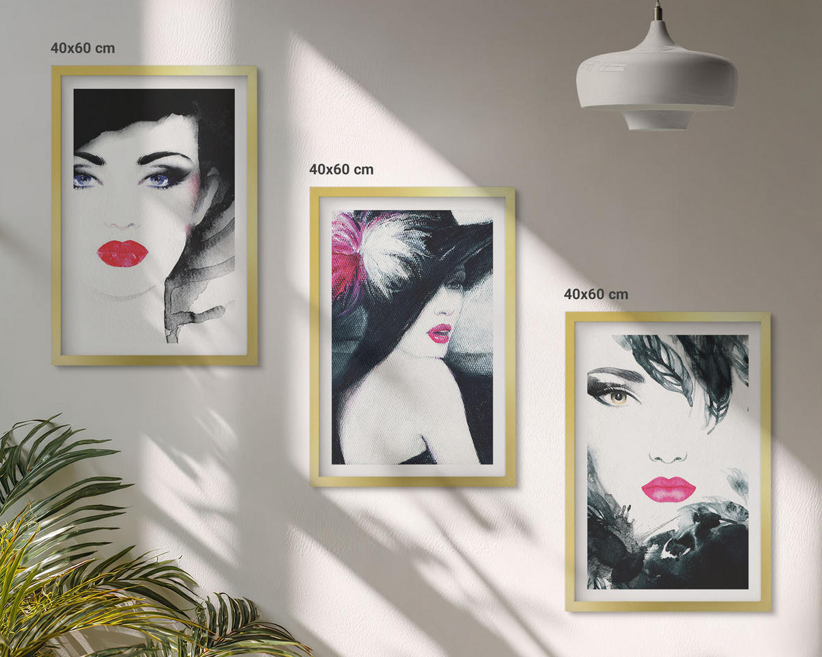 WANDBILDER 3er Set - 40x60 cm Goldrahmen - Porträts von Frauen mit Lippen - Goldfarben, Kunststoff (40/60cm) - ArtPrintCave