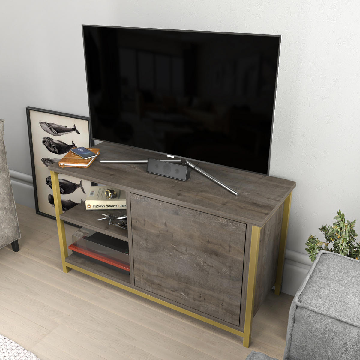 TV Möbel Muskegon Gold und Wenge - Beige, Holzwerkstoff (90/51/36cm) - Decorotika