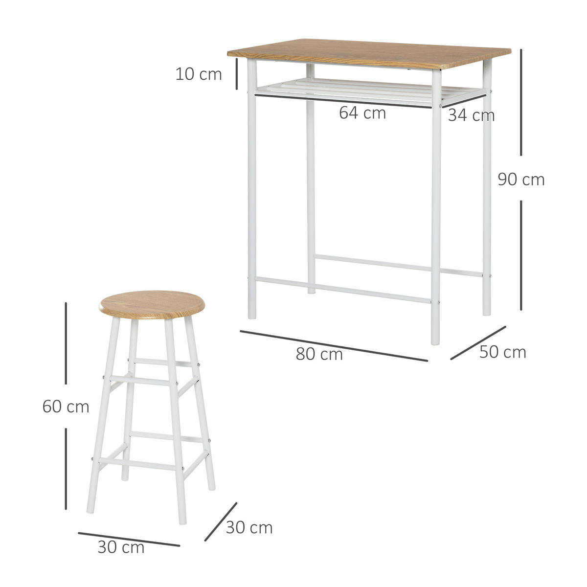 BARTISCH Set 3-teilig Küchentisch mit Stuhl Stehtisch Barhocker Stahl Weiß+Eiche - Weiß, Kunststoff (50/90/80cm) - HOMCOM