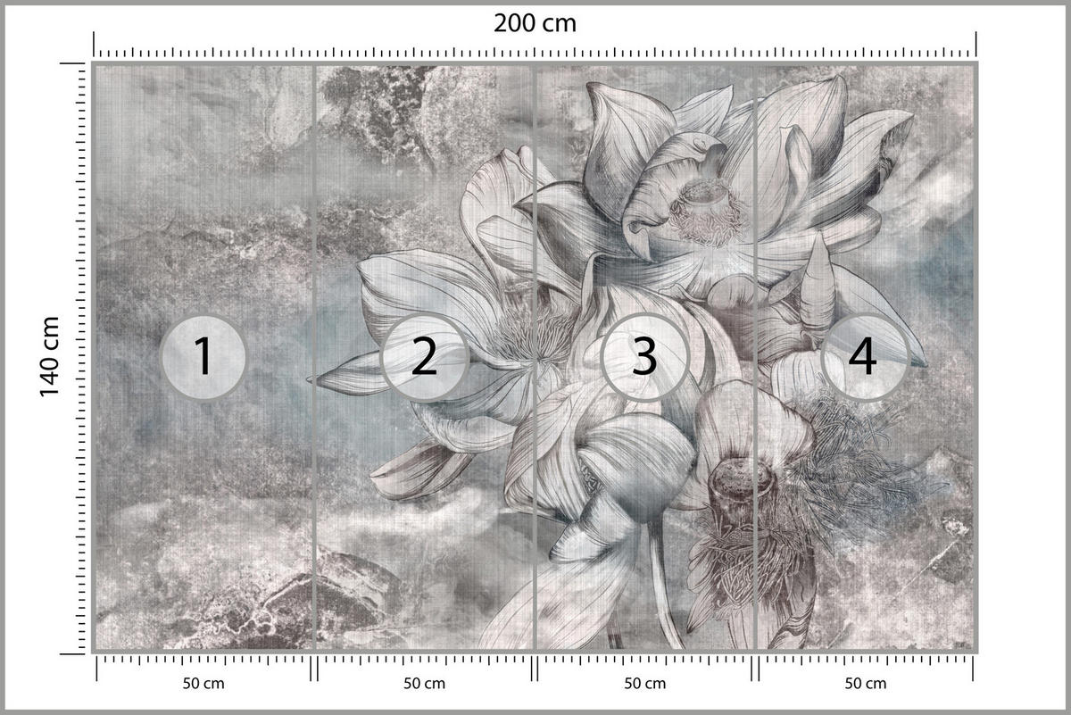 FOTOTAPETE für Wohnzimmer Wunderschöne Blume Betonwand Retro 200x140 - Grau, Papier (200/140cm) - Muralo