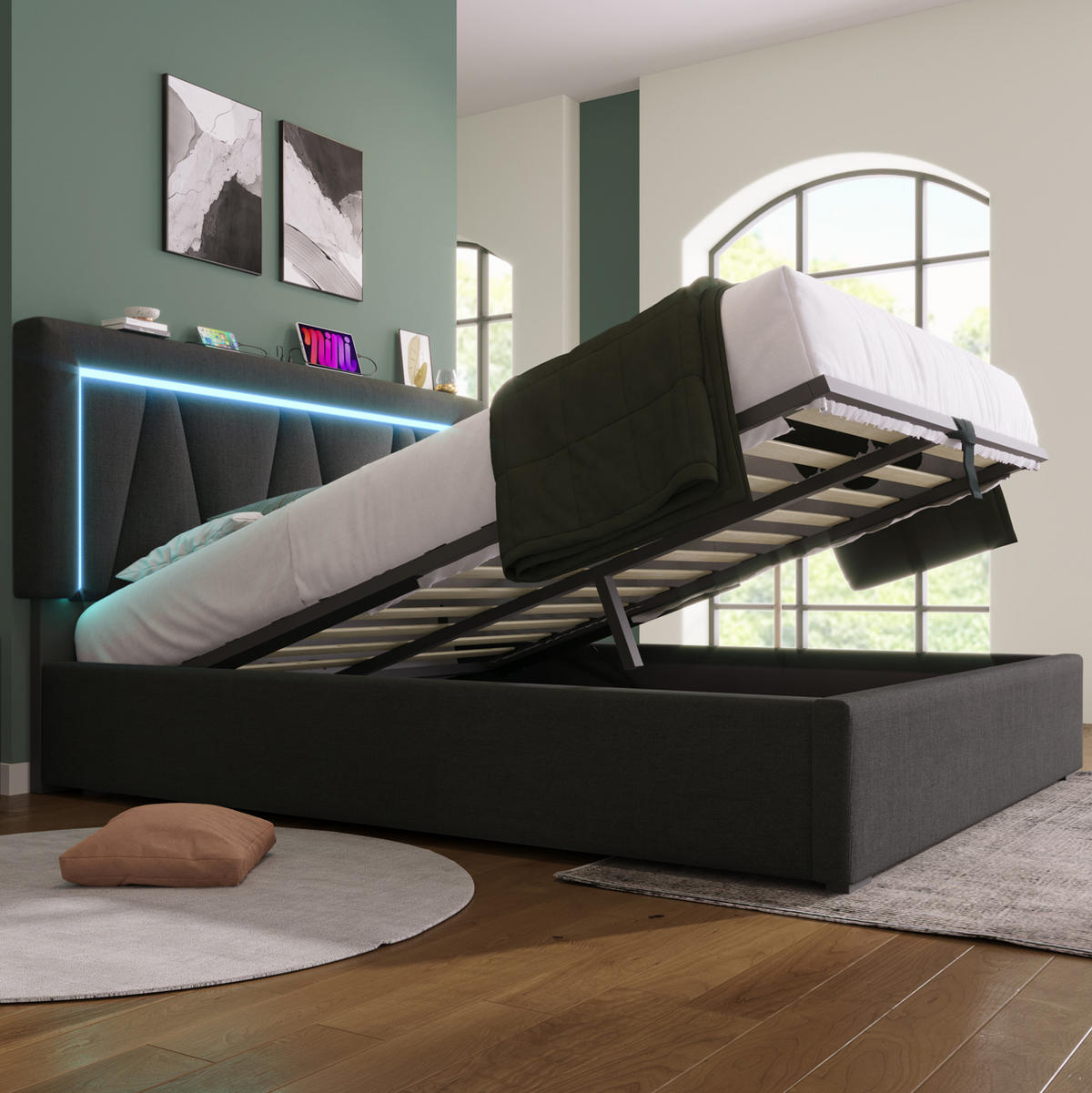 POLSTERBETT 160/200 cm Grau mit Matratze, Stauraum, LED-Beleuchtung und USB - Grau, Textil (160/200cm) - Flora Grace