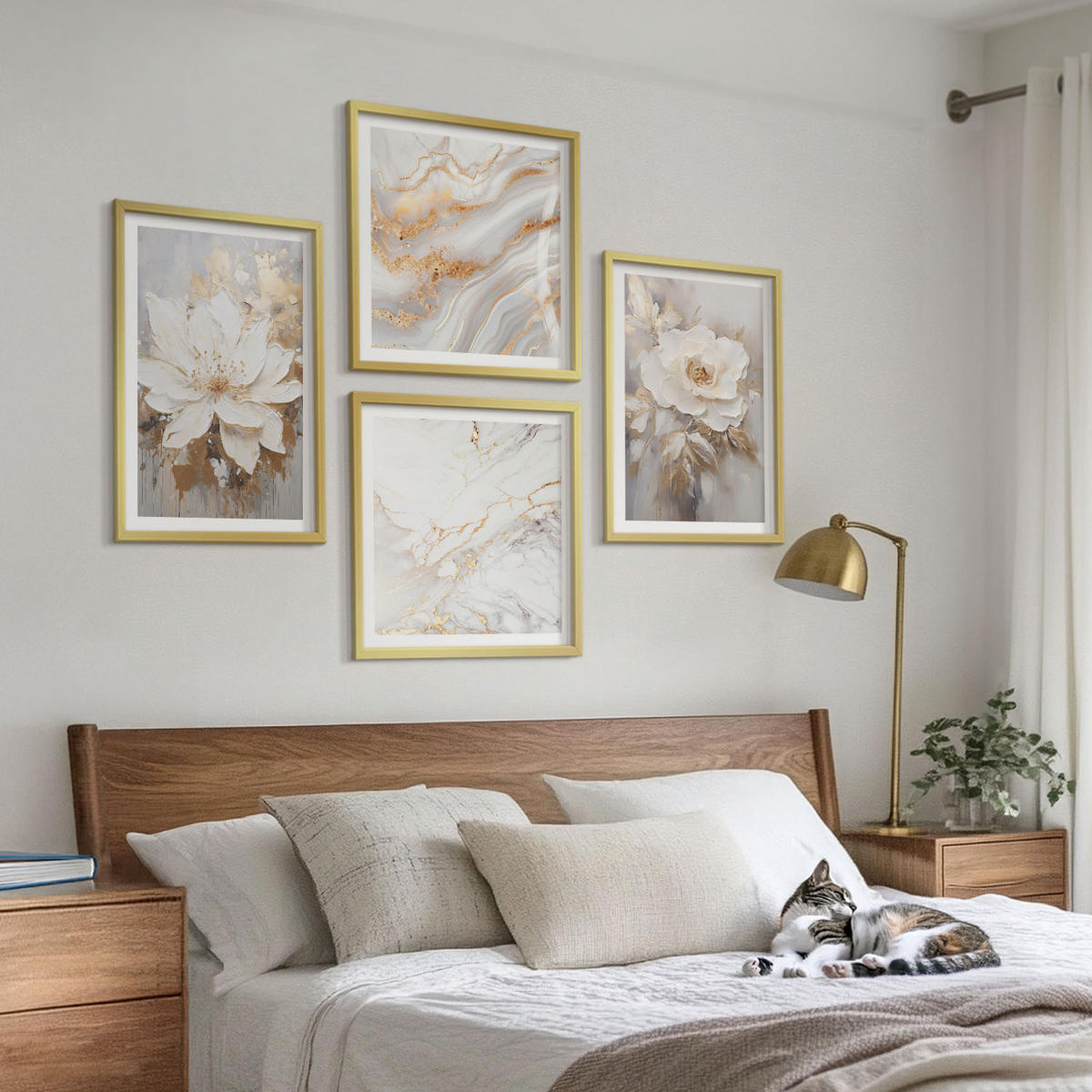 BILDER SET 4er Set - 50x50 cm & 40x60 cm Goldrahmen - Abstrakte Blumen aus Marmor - Goldfarben, Kunststoff (50/50cm) - TULUP
