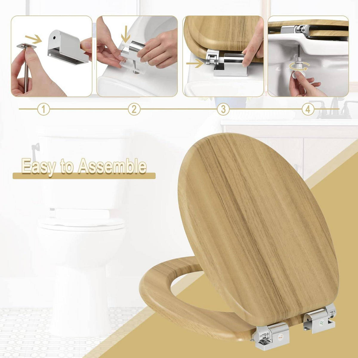 WC SITZ mit Absenkautomatik, MDF Holzkern,Oval - Hellbraun, Holzwerkstoff (37/2.5/43cm) - Woltu
