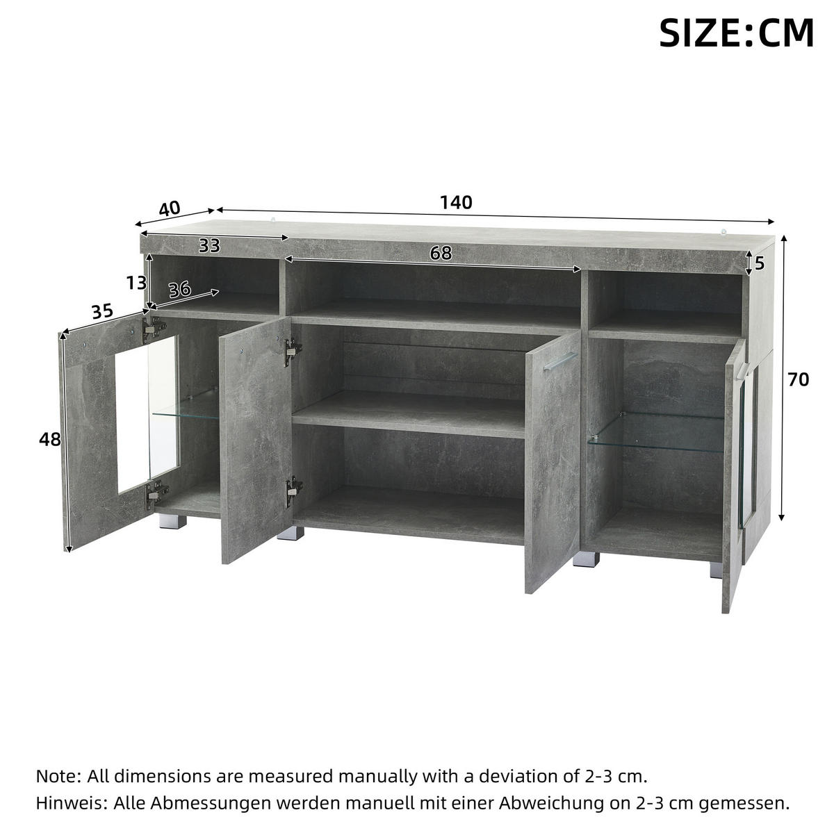KOMODA z MDF 140x40x70 cm cementově šedá s LED osvětlením a dvířky z tvrzeného skla - šedá, kompozitní dřevo (140/70/40cm) - Modfu