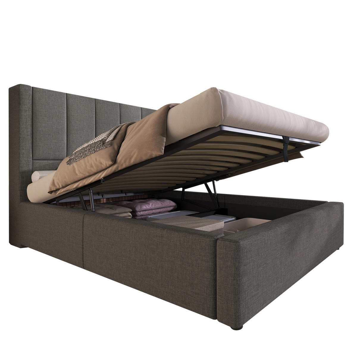 POLNJENA postelja iz lanu 90x200 cm siva s skritim držalom za skodelico, USB/Type-C polnilno postajo in hidravličnim prostorom - siva, tekstil (90/200cm) - Modfu