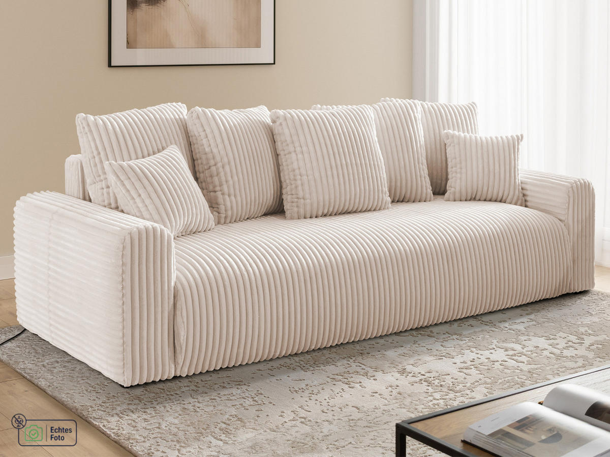 SCHLAFSOFA Calma mit Bettkasten im Bumpy-Design aus weichem Hellbeige Plüschcord - Beige/Schwarz, Holz/Kunststoff (239/88/98cm) - S-Style