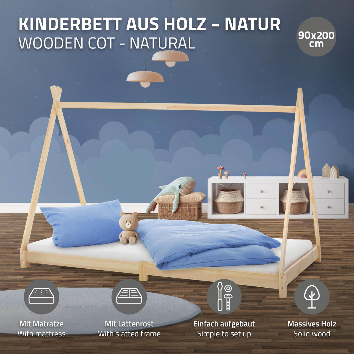 KINDERBETT Tipi mit Matratze 90x200 cm Natur - Naturfarben, Holz (90/200cm) - ML-DESIGN