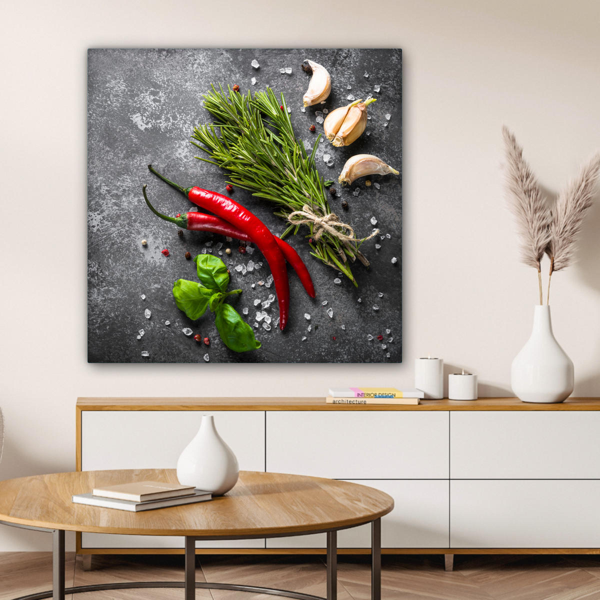 LEINWANDBILD Pfeffer - Kräuter - Gewürze - Beton 90x90 cm - Dunkelgrau, Textil (90/90cm) - MuchoWow