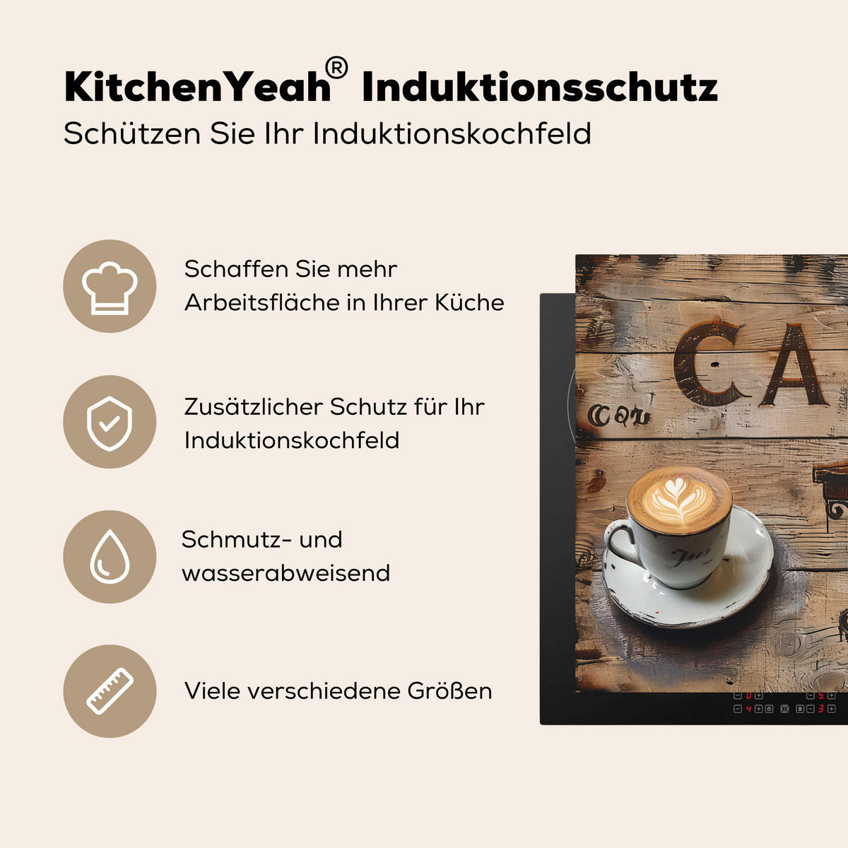 HERDABDECKPLATTE Cafe - Holz - Kaffee - Regale Induktionsmatte 78x78 cm - Schwarz, Kunststoff (78/78/0.2cm) - MuchoWow