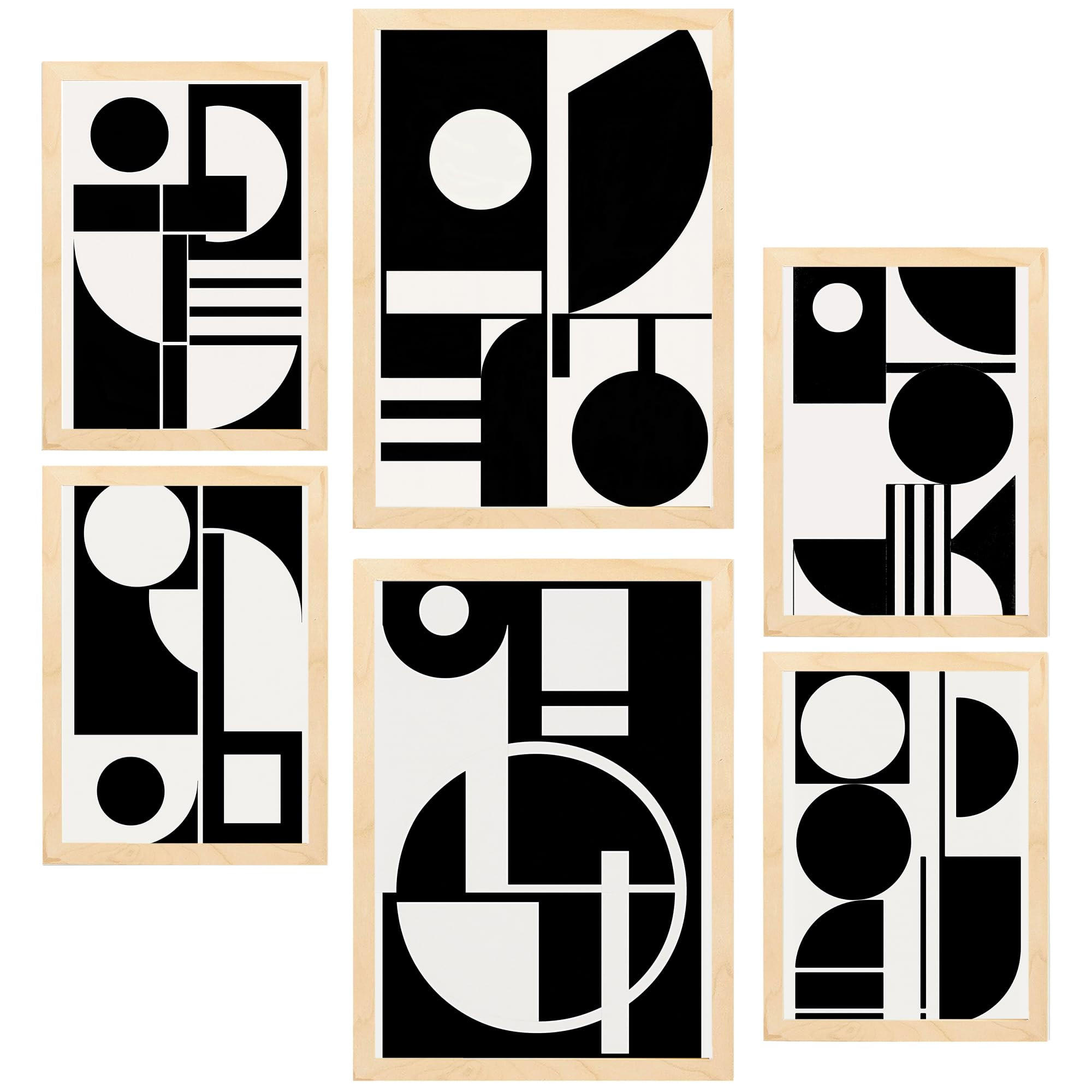 POSTER Set Mit 6 Bauhaus Schwarz Geometrisch A3 & A4 Rahmen Aus Hellem Holz - Beige, Papier (29/3cm) - Nacnic