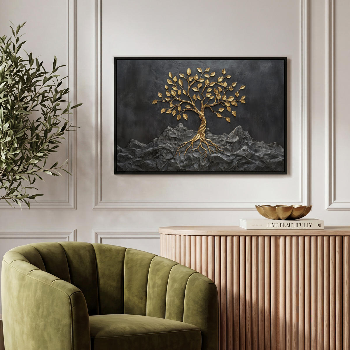 LEINWAND Bilder mit Rahmen - Blätter - Gold - Baum - Fels - 60x40 - Schwarz, Textil (60/40cm) - MuchoWow