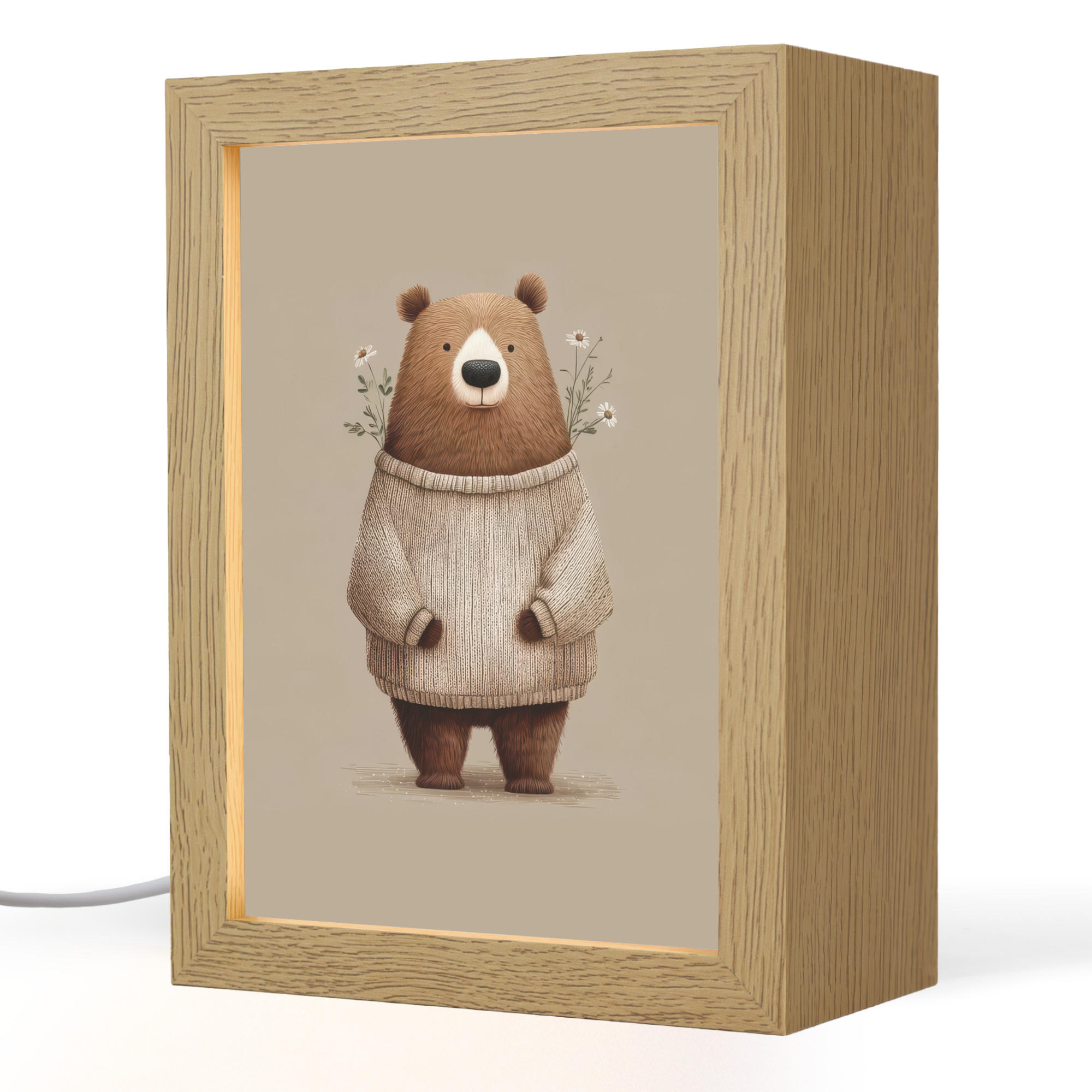 NACHTTISCHLAMPE Bär - Weiße Blumen - Gemütlich 15x20 cm - Taupe, Holzwerkstoff (8/15/20cm)