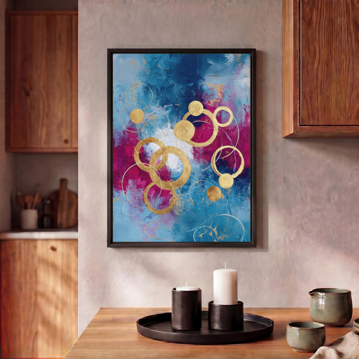 LEINWAND Bilder mit Rahmen - Kreise - Gold - Abstrakt - 30x40 - Blau, Textil (30/40cm) - MuchoWow