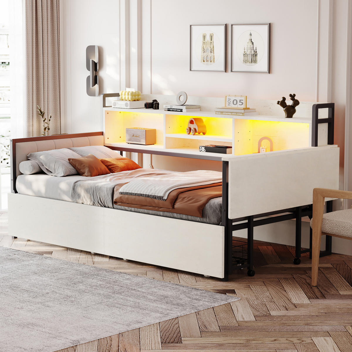 BETT 90/200 cm in Weiß mit LED-Beleuchtung, Schreibtisch und Stauraum - Weiß, Metall (90/200cm) - Flora Grace