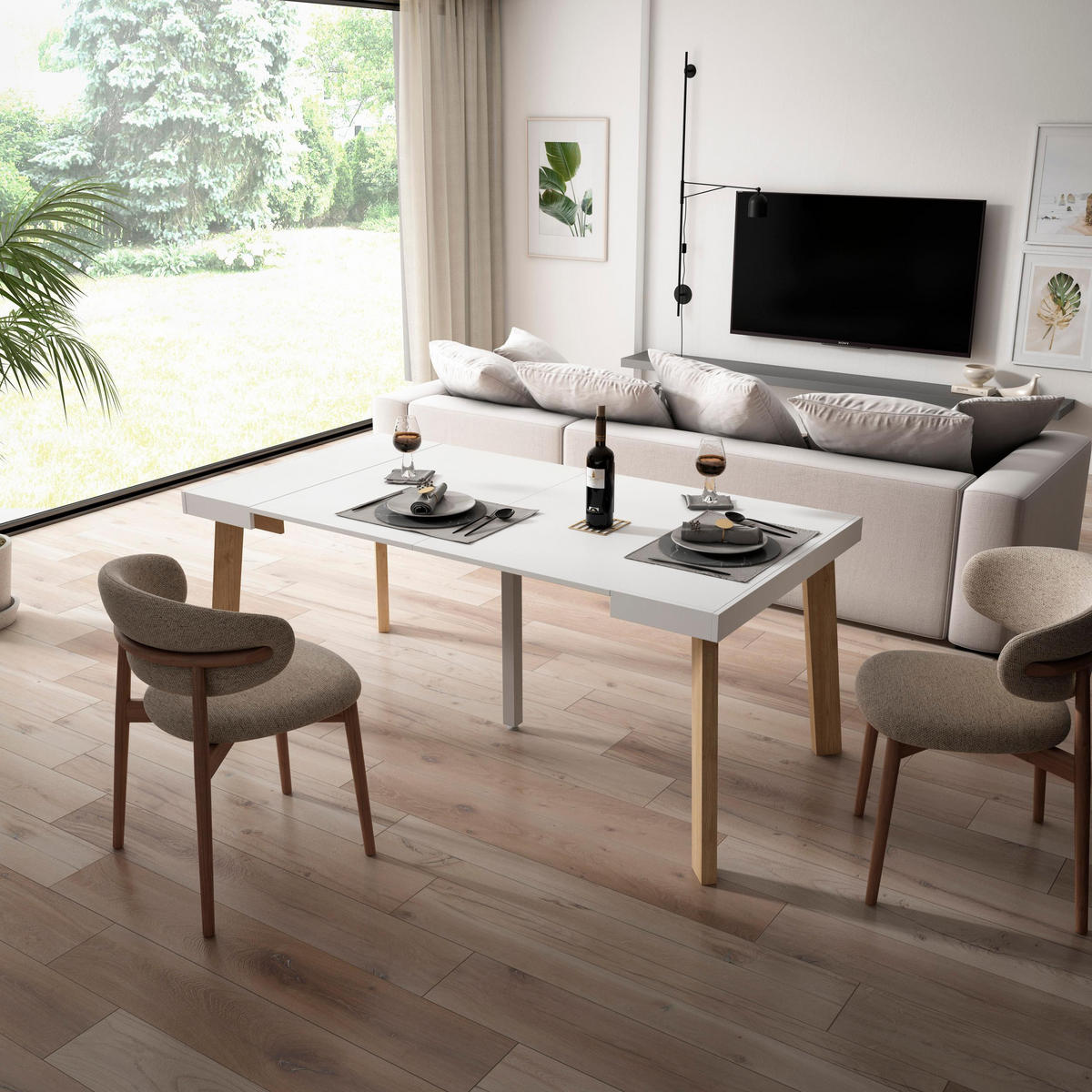 KONSOLENTISCH ausziehbar 58 bis 180cm, für 8 Gäste, weiß, 90/58/73cm - Weiß, Holzwerkstoff (90/180/73cm) - Skraut Home