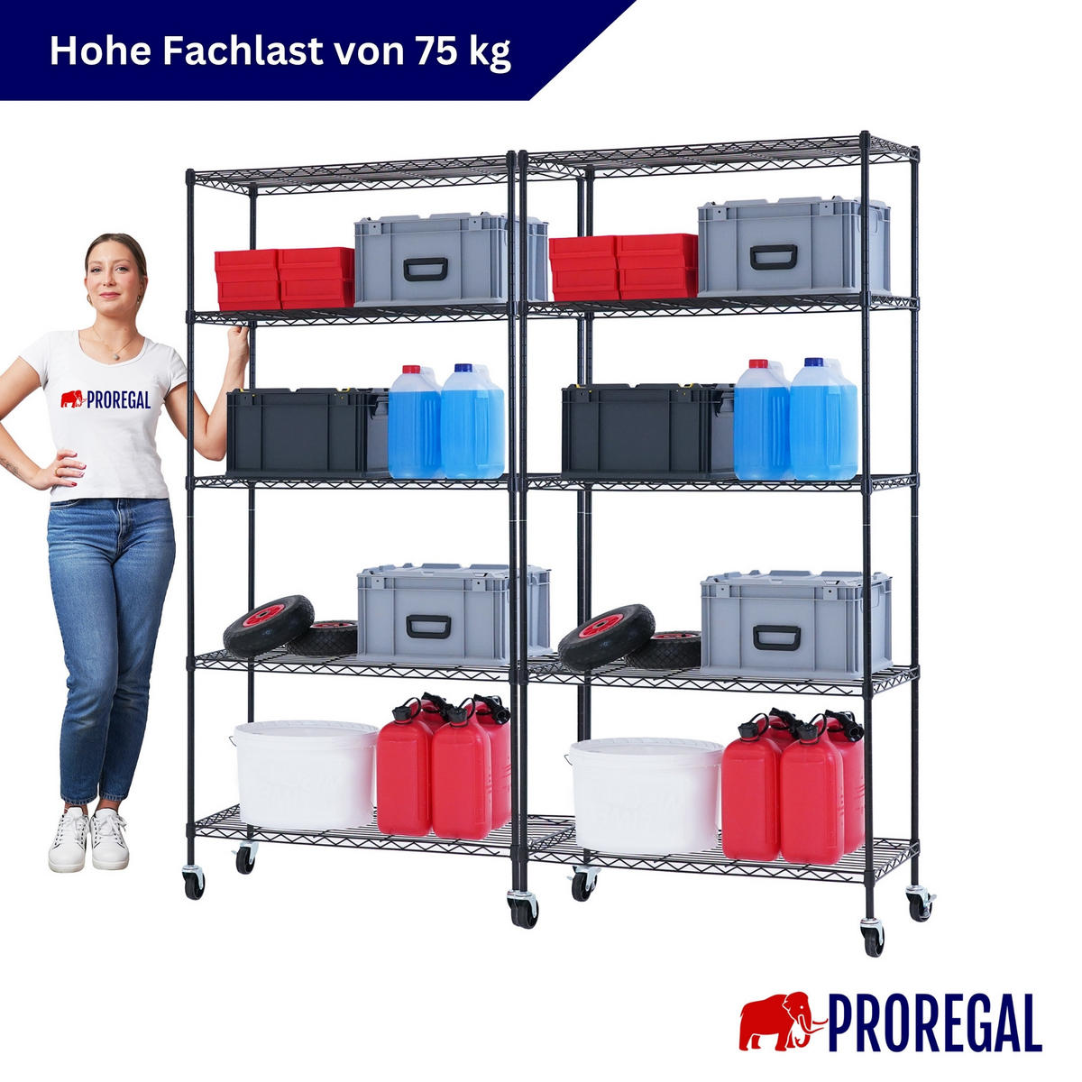 GITTERREGAL 2er - Set HADES mit Rollen & 5 Gitterböden Metall 180x90x40cm Schwarz - Schwarz, Metall (90/180/40cm) - PROREGAL
