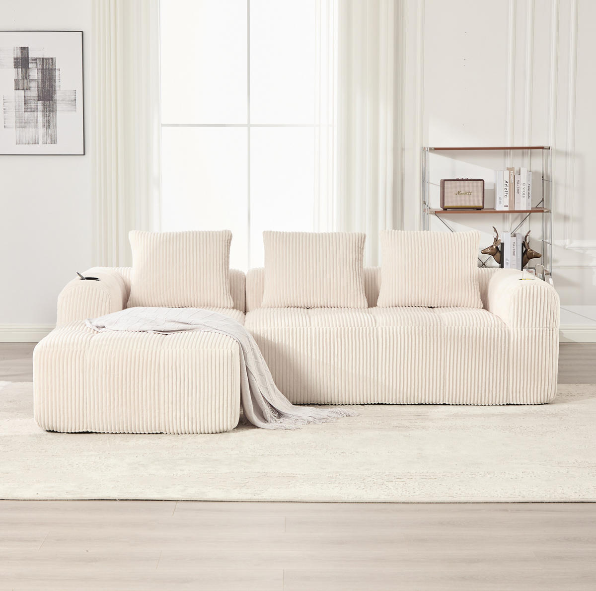 KOMPAKTSOFA Cord mit modularen Elementen und Becherhalter 253/158/61 cm Beige - Beige, Textil (158/253cm) - Redom