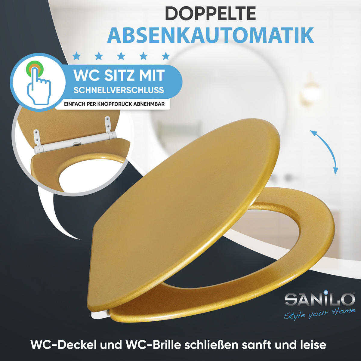 WC-SITZ mit Absenkautomatik & Top Fix Glitzer Gold - Goldfarben, Holzwerkstoff (37.7/5.5/48cm) - Sanilo