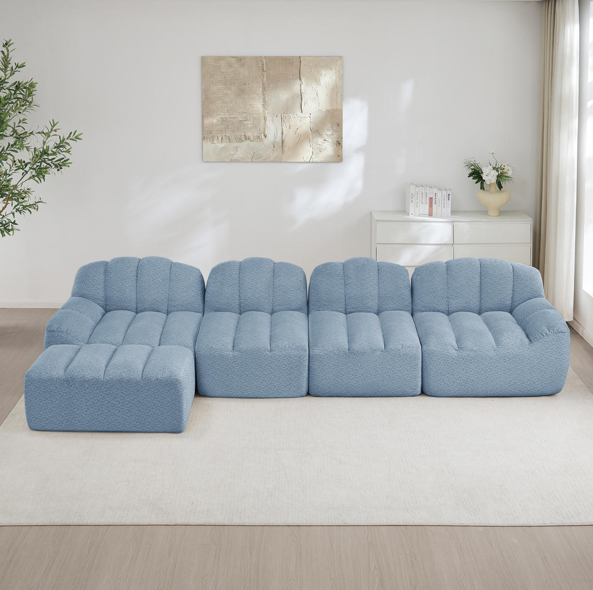 SOFA modular 4-Sitzer mit Ottoman aus granuliertem Fleece Blau - Blau, Kunststoff (165/366cm) - Meubliv